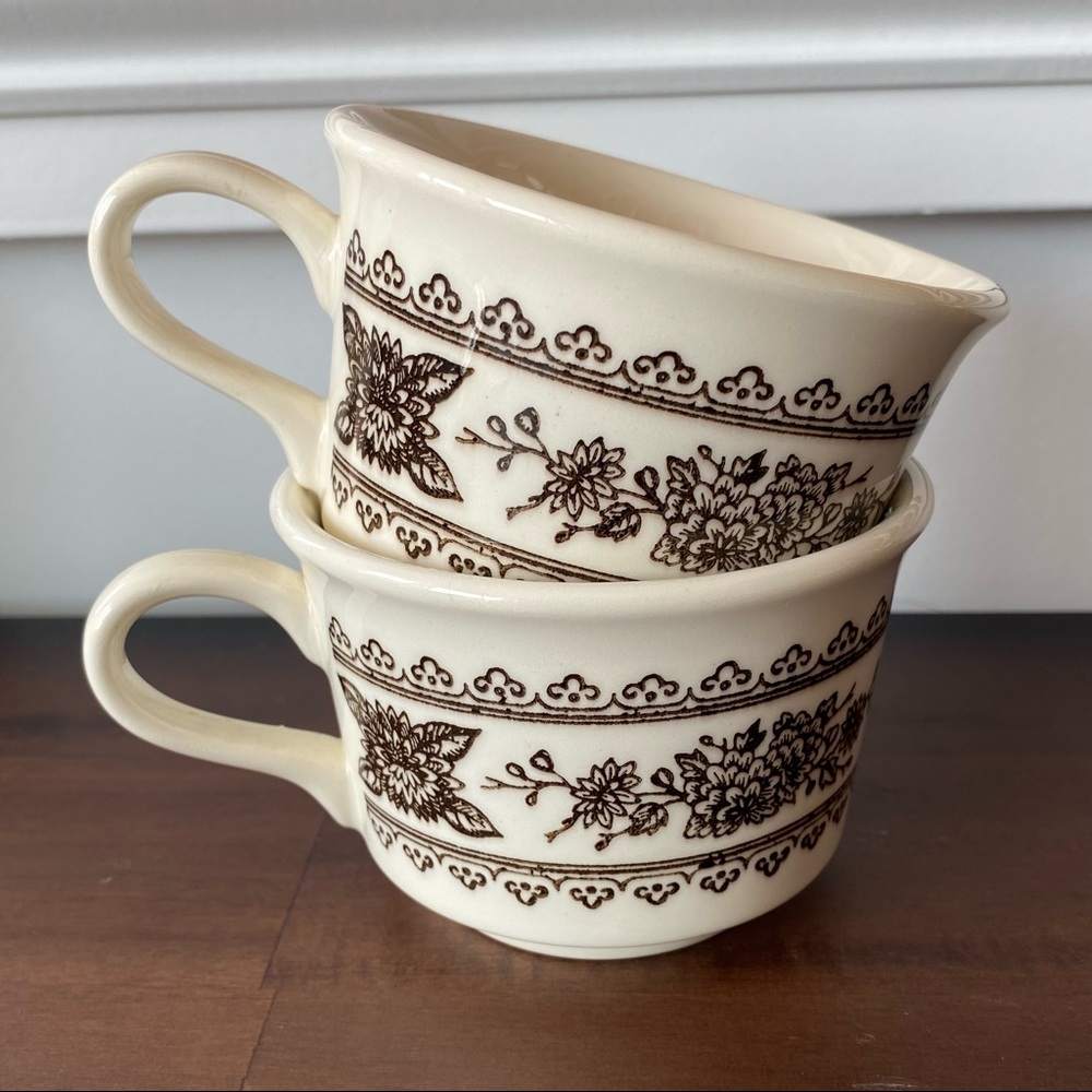 Set of 2 Floral Lace Mugs Cream Brown USA